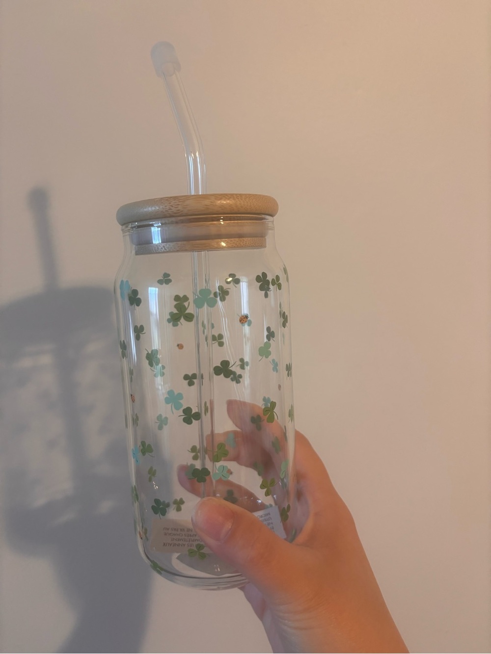 Glass Clover Print Drink Jar with Bamboo Lid and Straw